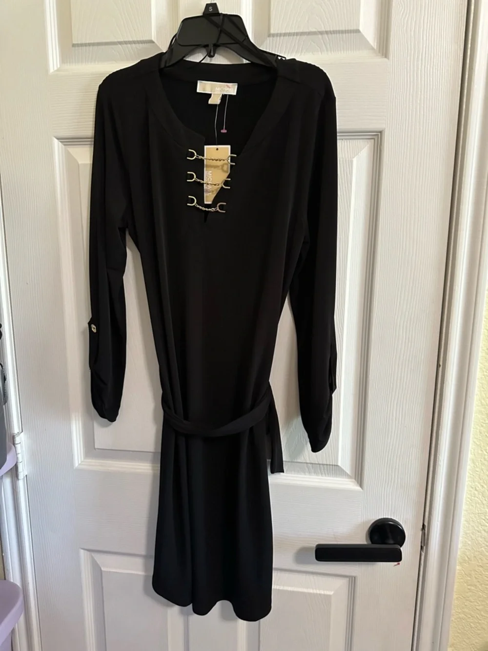 Michael Kors Black Long Sleeve Dress with Gold Hardware, Ties at Waist NWT SZ M